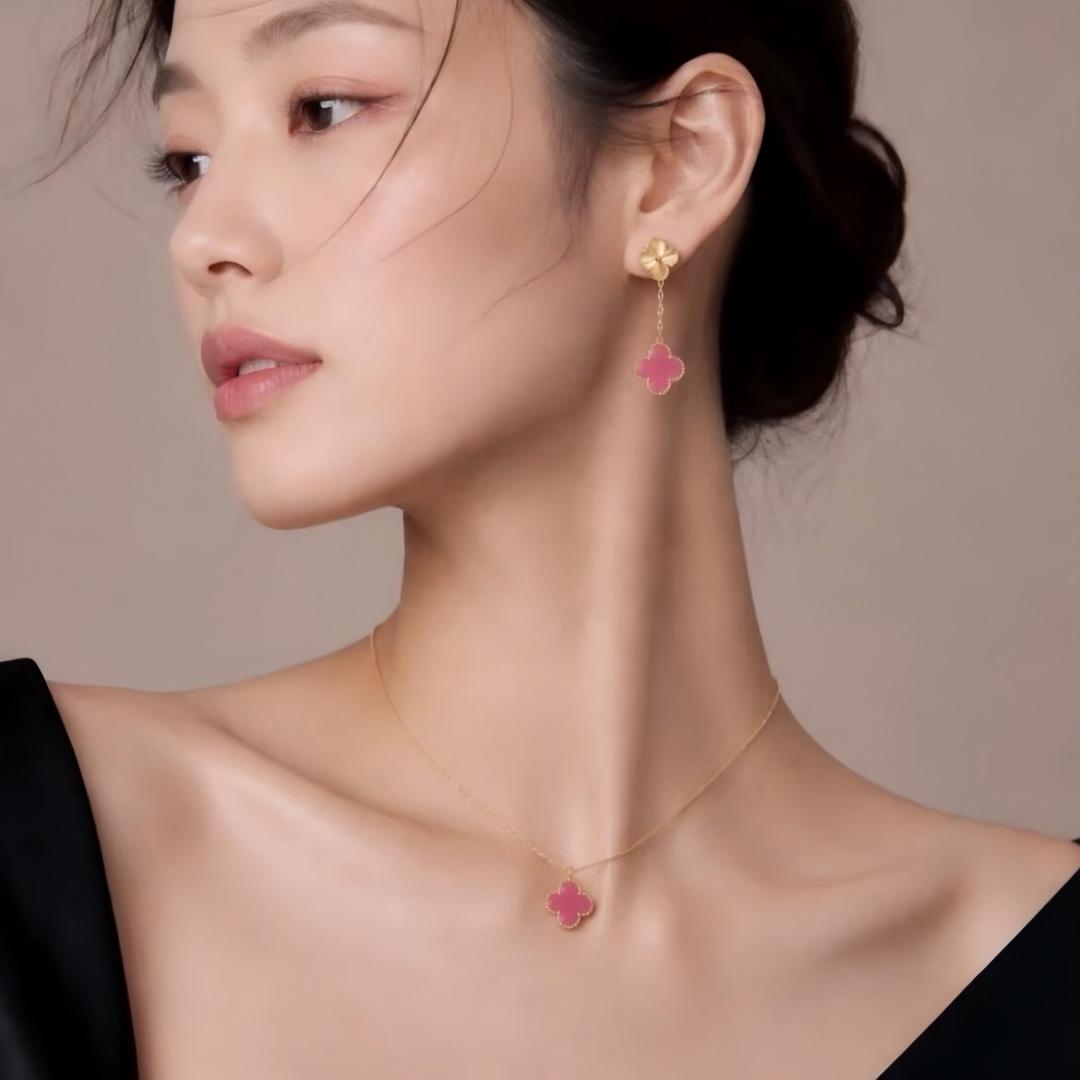 [LUXE JEWELRY]NEW CLOVER 15MM PINK ENAMEL NECKLACE