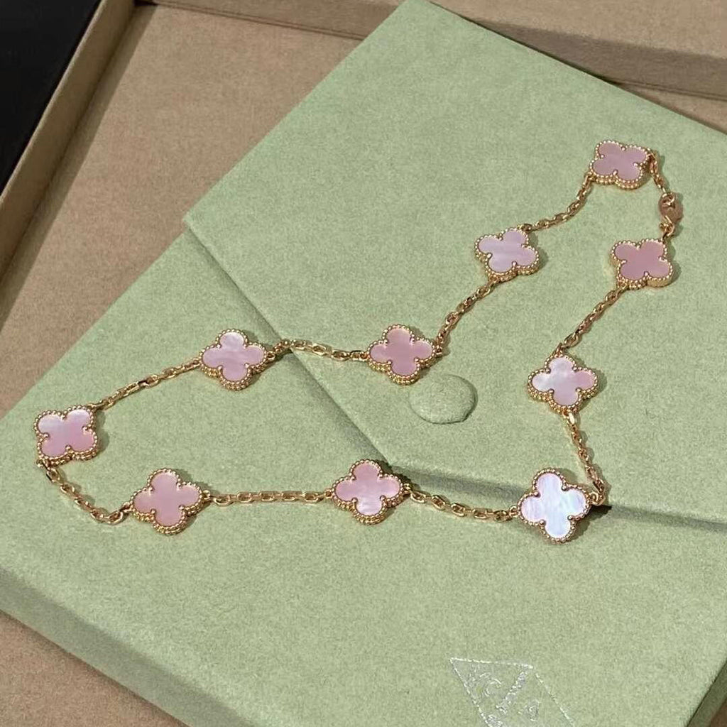 [LUXE JEWELRY]CLOVER 10 MOTIFS PINK MOP NECKLACE