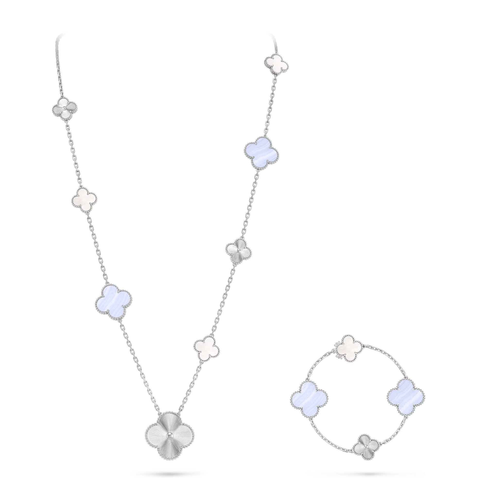 [LUXE JEWELRY]DETACHABLE CLOVER 15(11+4) FLOWER SILVER NECKLACE SET