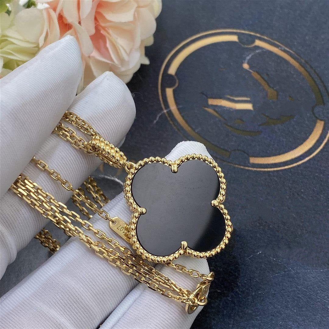 [LUXE JEWELRY]CLOVER 25MM GOLD ONYX BIG CLOVER NECKLACE