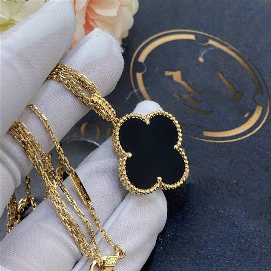 [LUXE JEWELRY]CLOVER 25MM GOLD ONYX BIG CLOVER NECKLACE