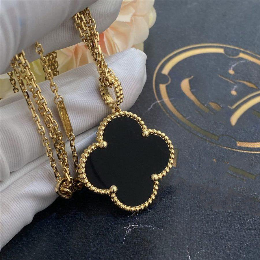 [LUXE JEWELRY]CLOVER 25MM GOLD ONYX BIG CLOVER NECKLACE