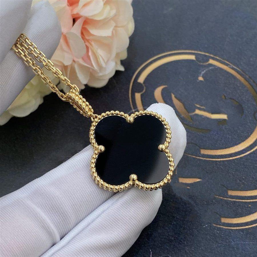 [LUXE JEWELRY]CLOVER 25MM GOLD ONYX BIG CLOVER NECKLACE