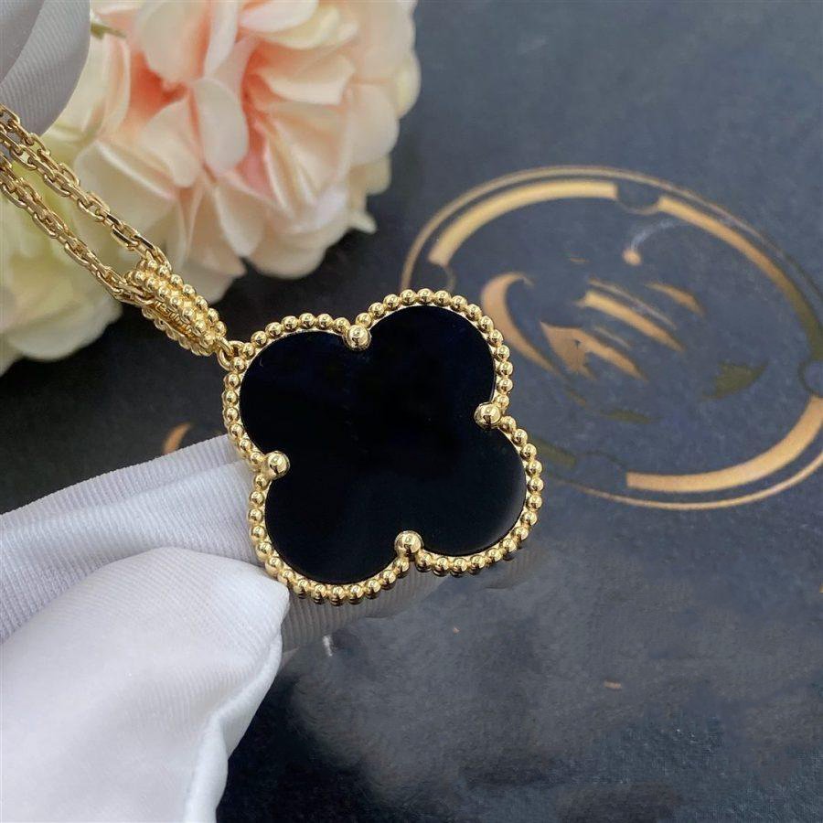 [LUXE JEWELRY]CLOVER 25MM GOLD ONYX BIG CLOVER NECKLACE