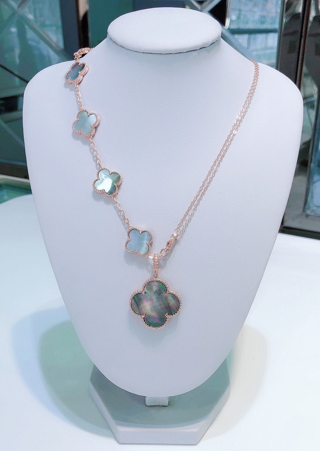 [LUXE JEWELRY]COMBINED BRACELET 5 MOTIFS AND NECKLACE DARK MOP ROSE GOLD