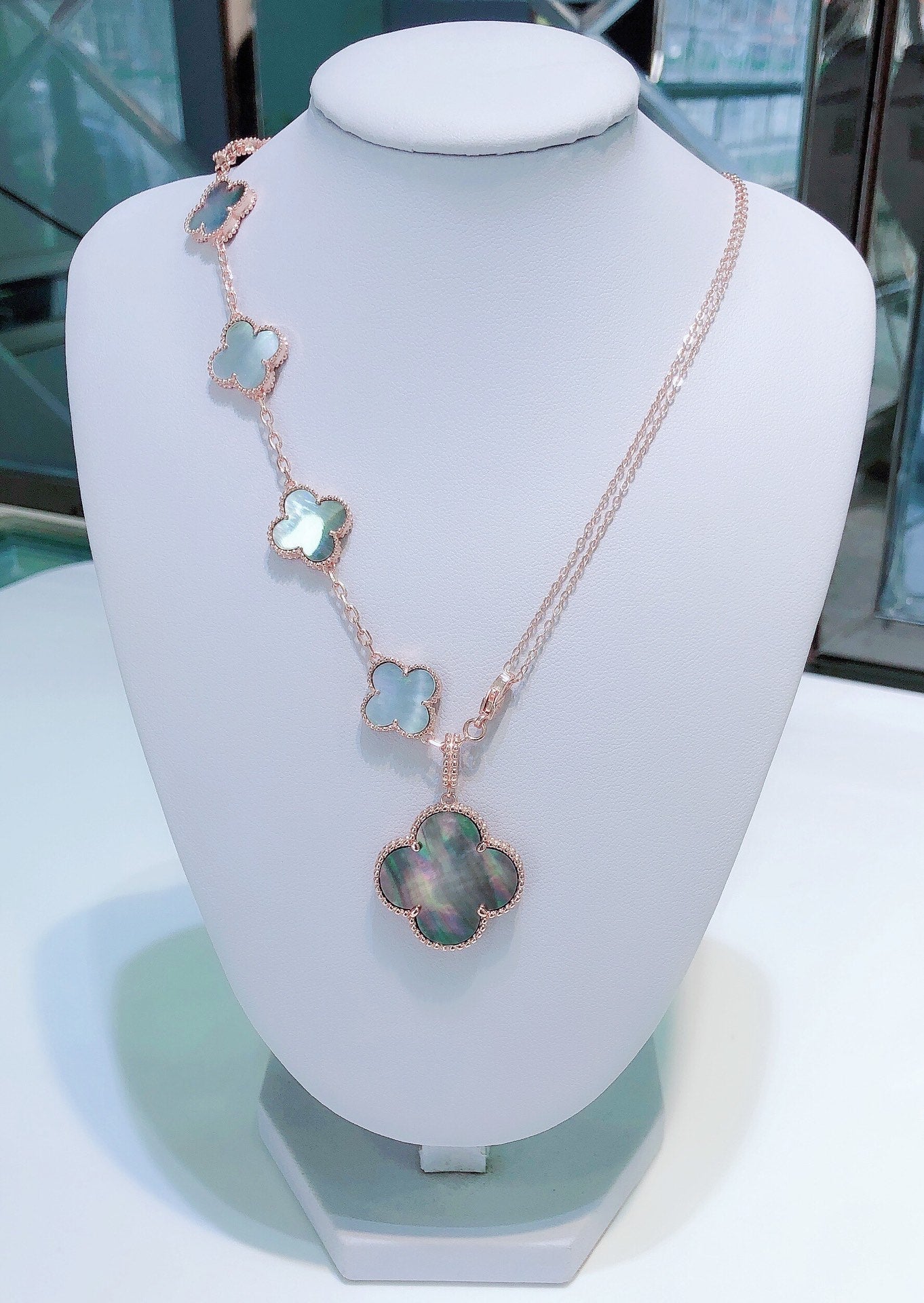 [LUXE JEWELRY]COMBINED BRACELET 5 MOTIFS AND NECKLACE DARK MOP ROSE GOLD