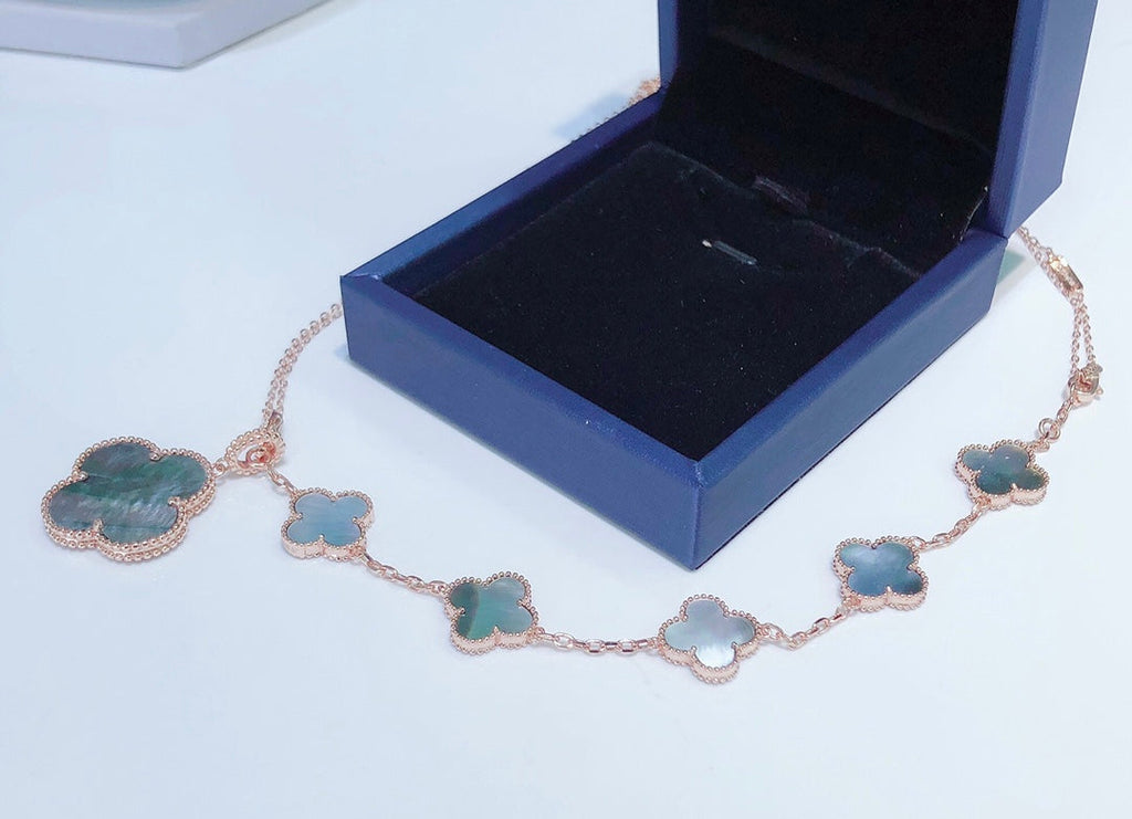 [LUXE JEWELRY]COMBINED BRACELET 5 MOTIFS AND NECKLACE DARK MOP ROSE GOLD