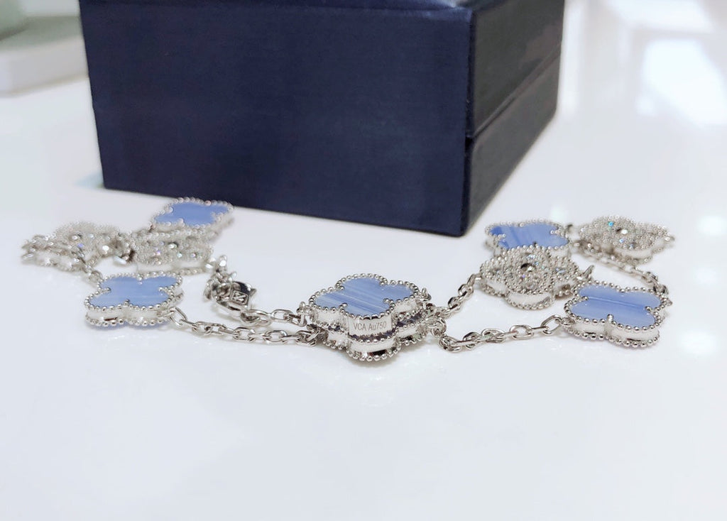 [LUXE JEWELRY]CLOVER 10 MOTIFS CHALCEDONY DIAMONDS SILVER NECKLACE