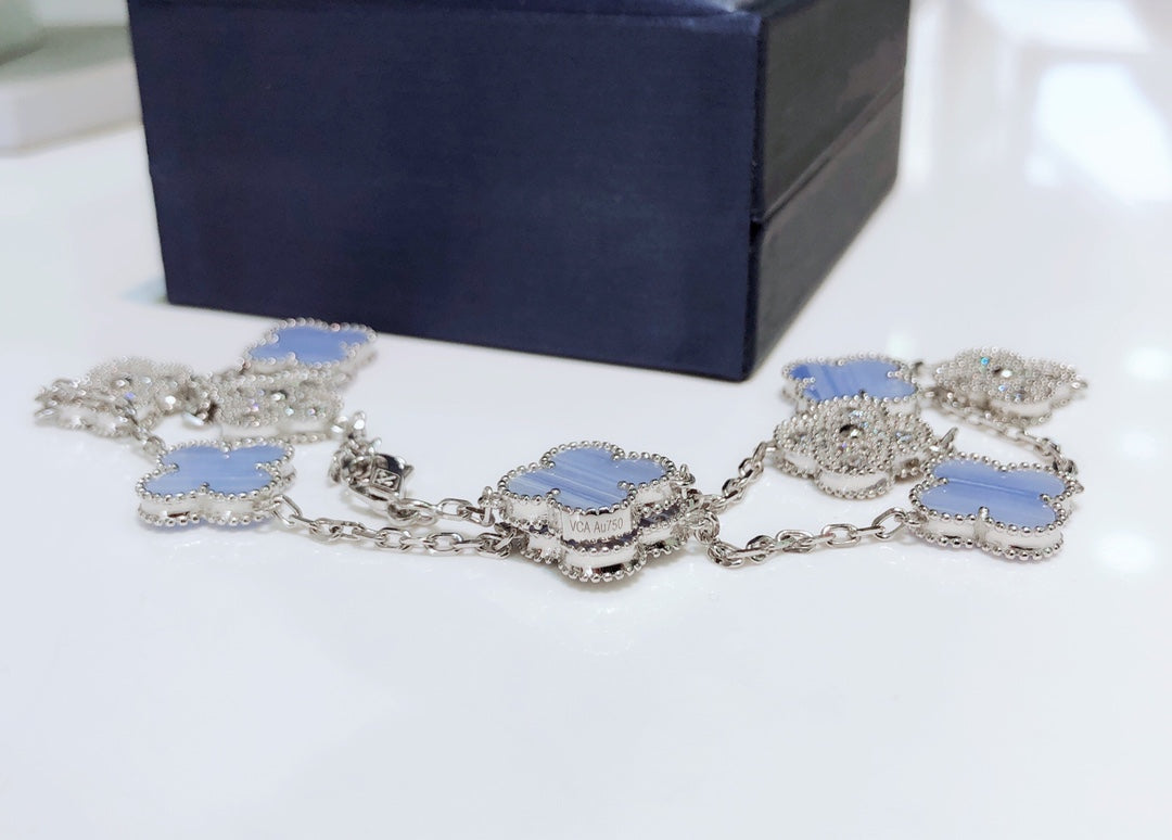 [LUXE JEWELRY]CLOVER 10 MOTIFS CHALCEDONY DIAMONDS SILVER NECKLACE