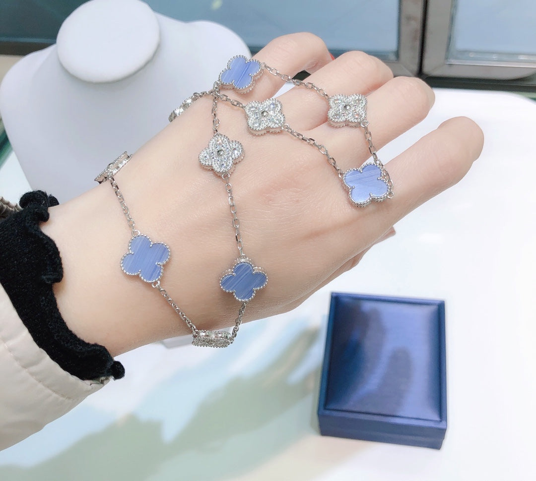 [LUXE JEWELRY]CLOVER 10 MOTIFS CHALCEDONY DIAMONDS SILVER NECKLACE